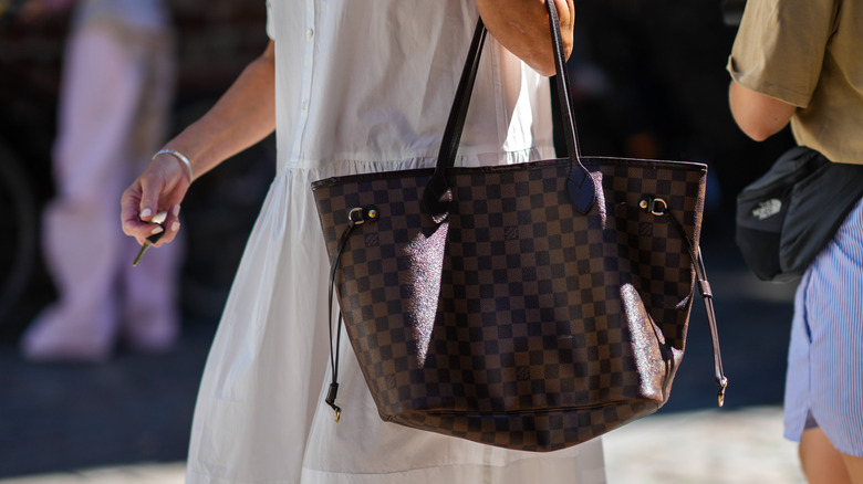 Checkered Louis Vuitton Neverfull tote closeup