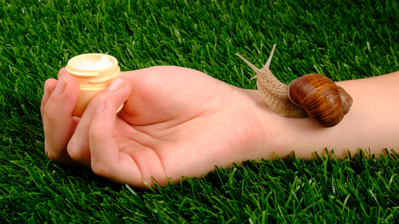 snail resting on hand holding cream