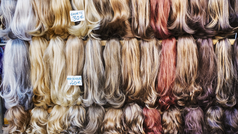 Selection of wigs in shop