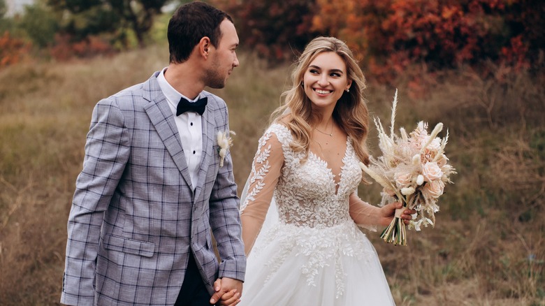 Smiling newly married couple