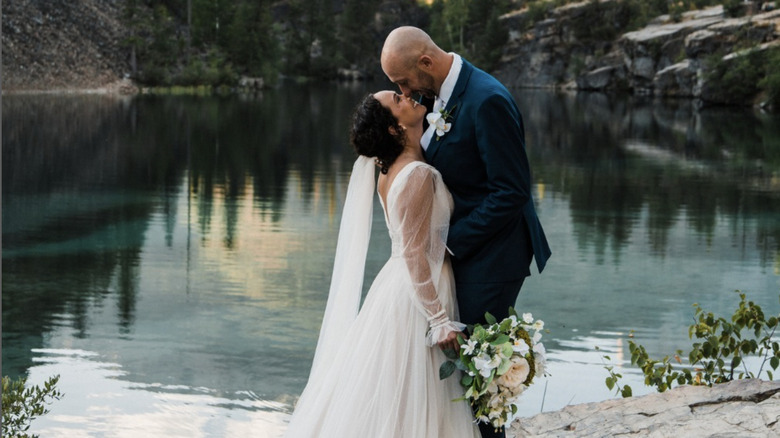 Bride in Maggie Sottero gown, groom