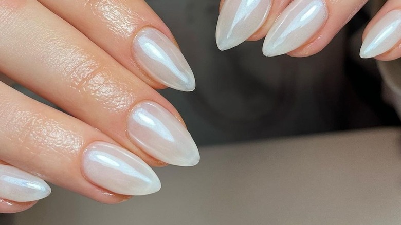 Woman with white chrome nails