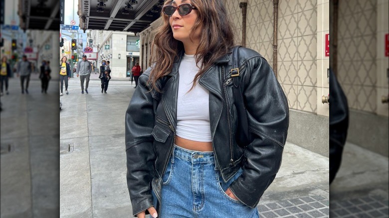 Woman in vintage leather jacket