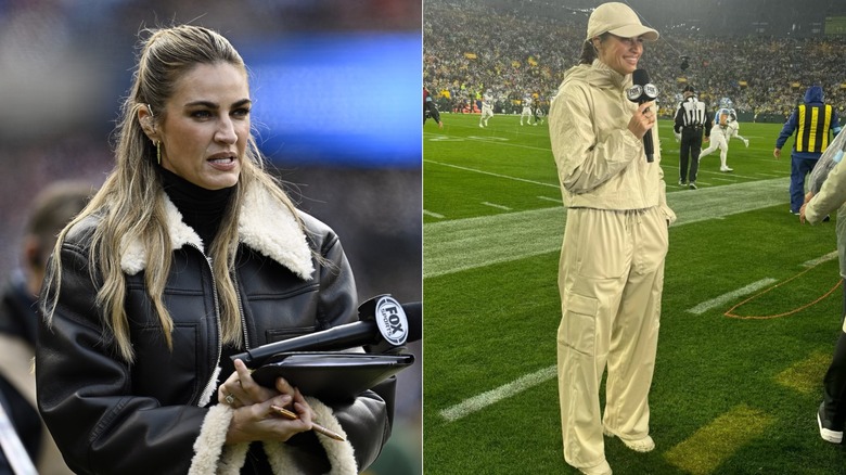 Erin Andrews' game-day sideline fashion moments, including a black leather jacket on the left and a two-piece rain suit on the right