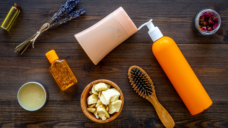 hair products on wooden table