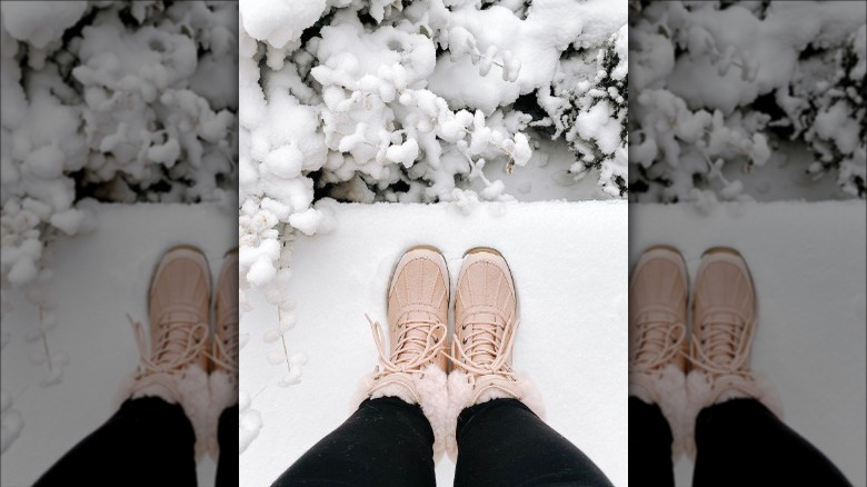 Top-down view of pink snow boots