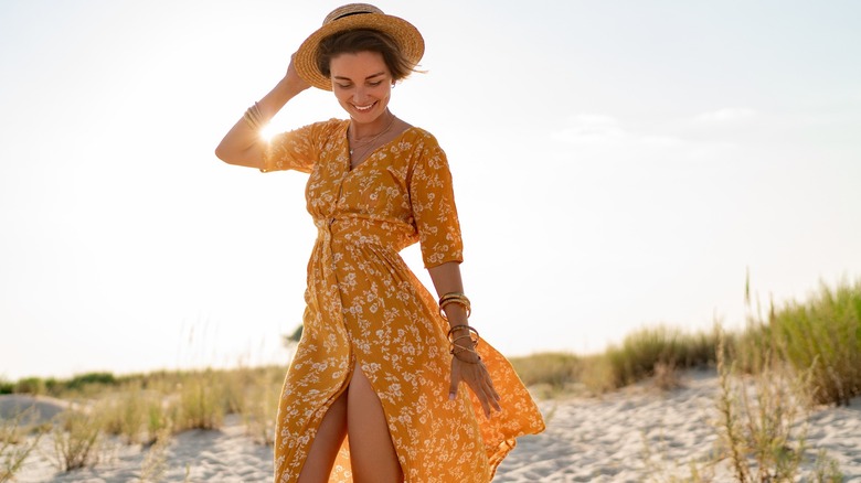 Woman in lightweight yellow dress