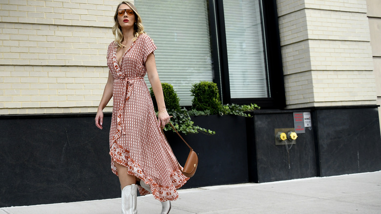 Woman in wrap dress