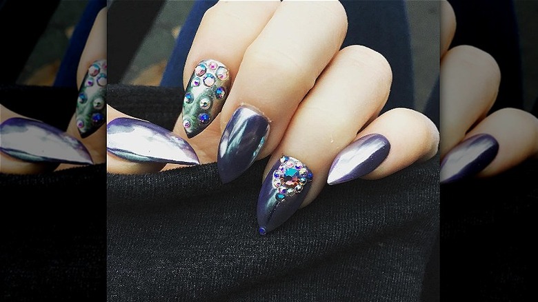 chrome nails with statement embellished nails