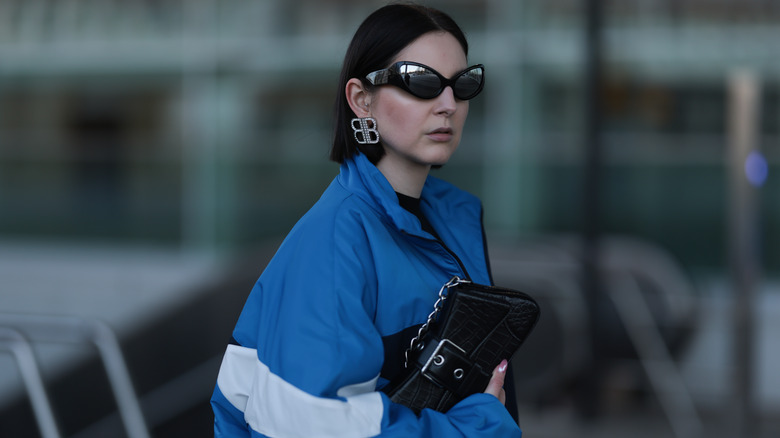 wraparound sunglasses with windbreaker