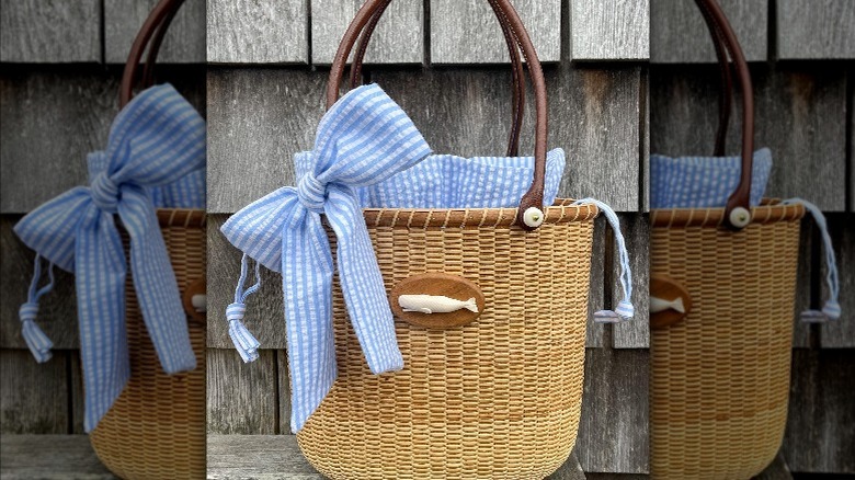 Instagram user @lightshipbraceletsmv showing bag with blue seersucker bow