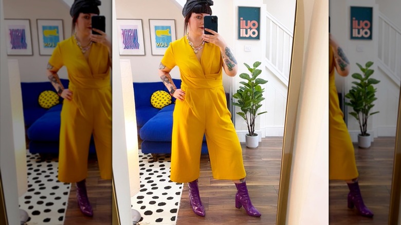 Yellow jumpsuit and purple boots