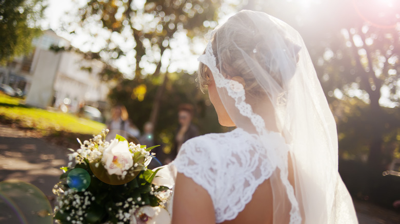 Bride wearing a mantilla veil