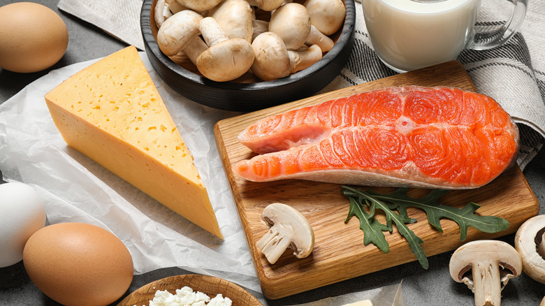 Assortment of foods high in vitamin D content