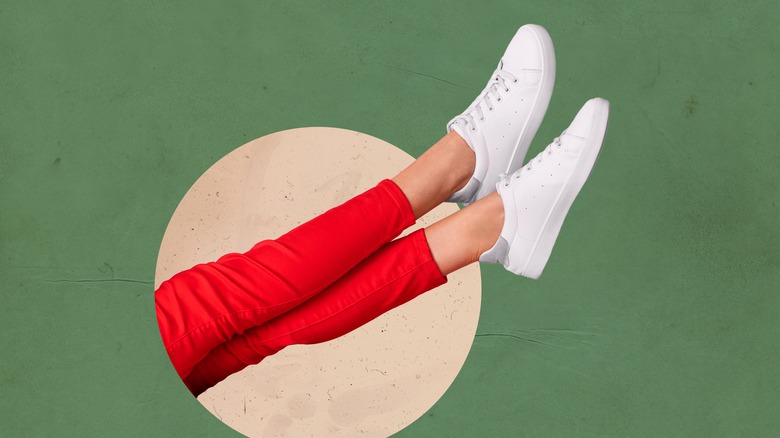 collage of legs coming out of a circle with red pants and white shoes