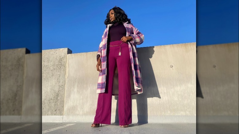 purple patterned monochromatic outfit