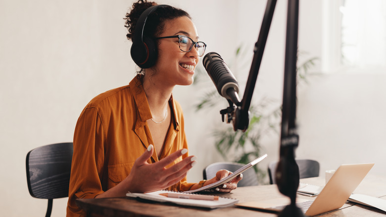 Woman recording a podcast 